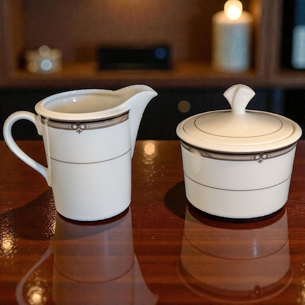 Mikasa Ebony Circle Creamer and Covered Sugar Bowl Fine China